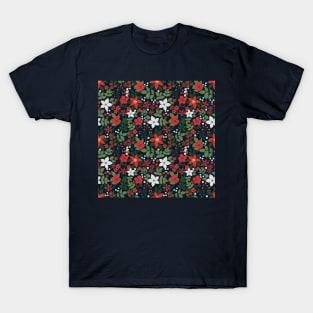 Elegant Blue Winter Red White Floral Painting T-Shirt